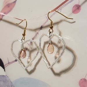Cute Handmade White and Pink Beaded Heart Earrings